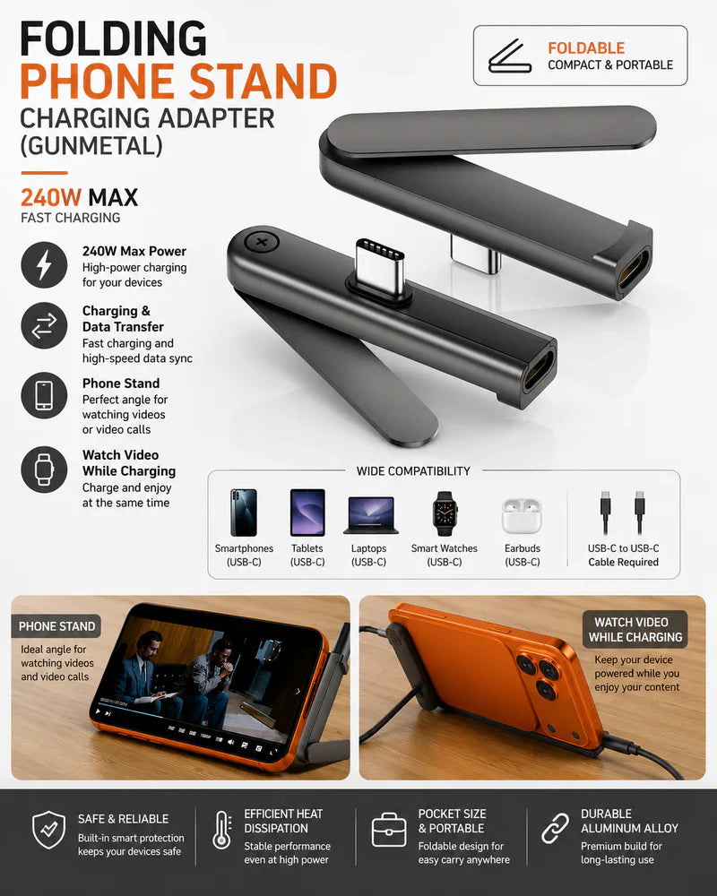 240W USB-C Foldable Stand Adapter — 2-in-1 Fast Charging & Phone Stand